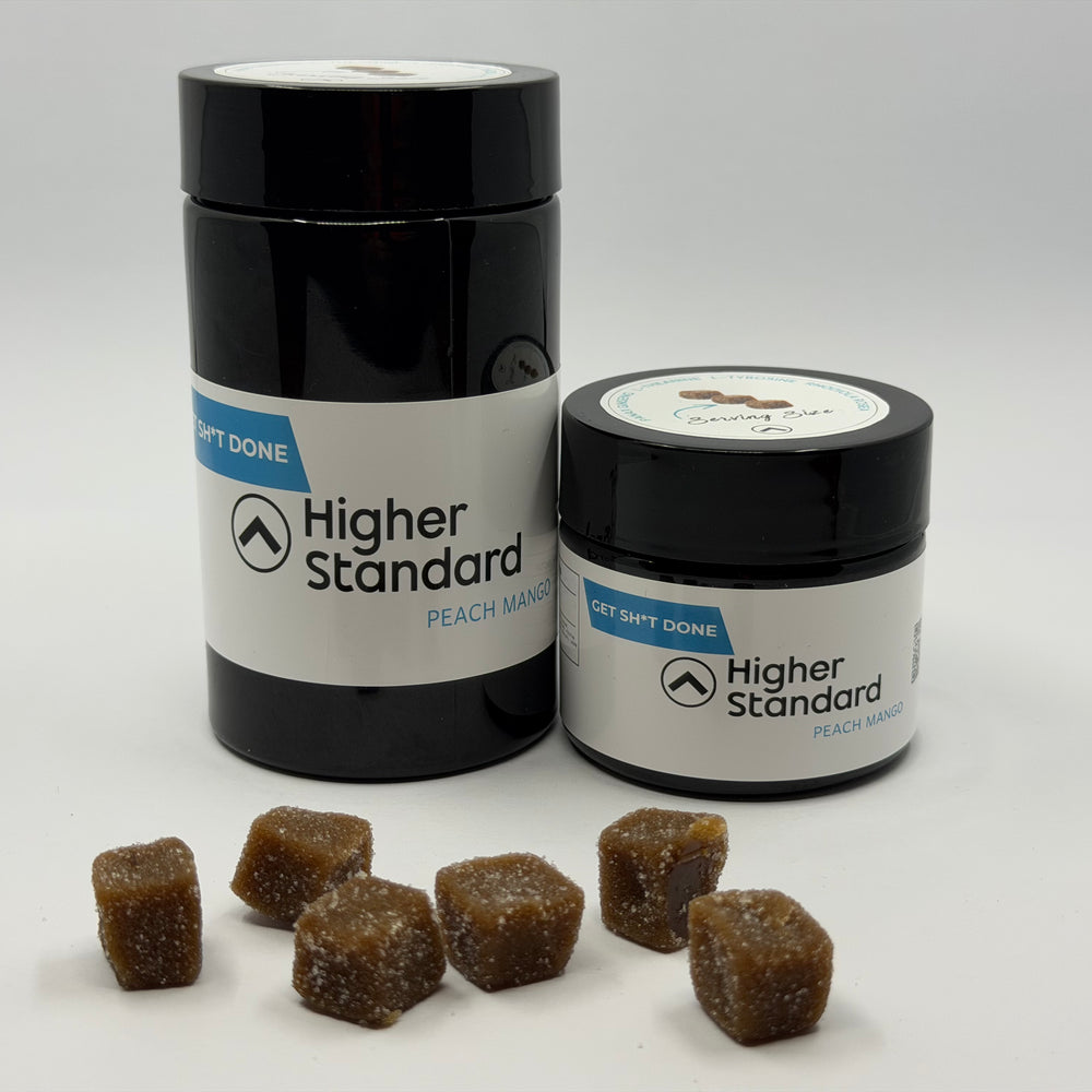 Higher Standard Get Sh*t Done focus gummies with jar and peach mango nootropic gummies for productivity and mental clarity.