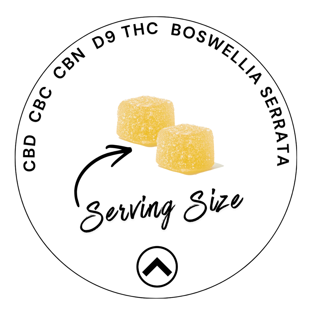 Higher Standard Pain Be Gone serving size graphic showing CBD, CBC, CBN, D9 THC, and Boswellia serrata in CBD pain relief gummies for recovery.
