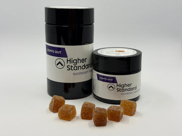 Higher Standard Lights Out cannabinoid gummies with jar and serving pieces, functional cannabinoid gummies for recovery and cannabis fitness routines.
