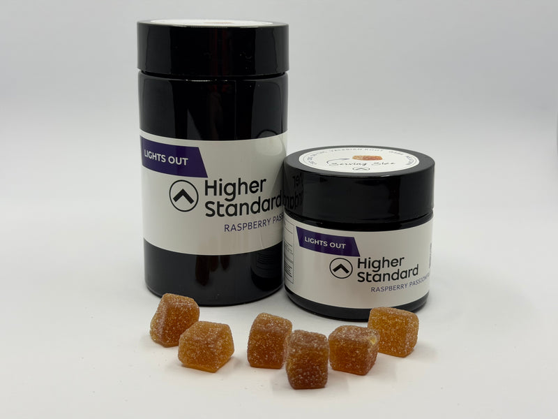 Higher Standard Lights Out cannabinoid gummies with jar and serving pieces, functional cannabinoid gummies for recovery and cannabis fitness routines.
