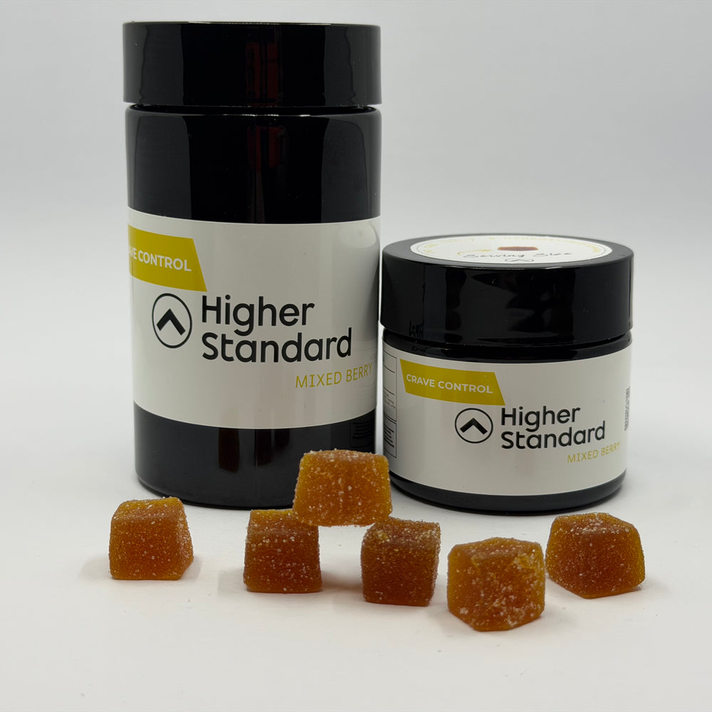Higher Standard Crave Control appetite control gummies with jar and mixed berry cannabinoid appetite gummies.