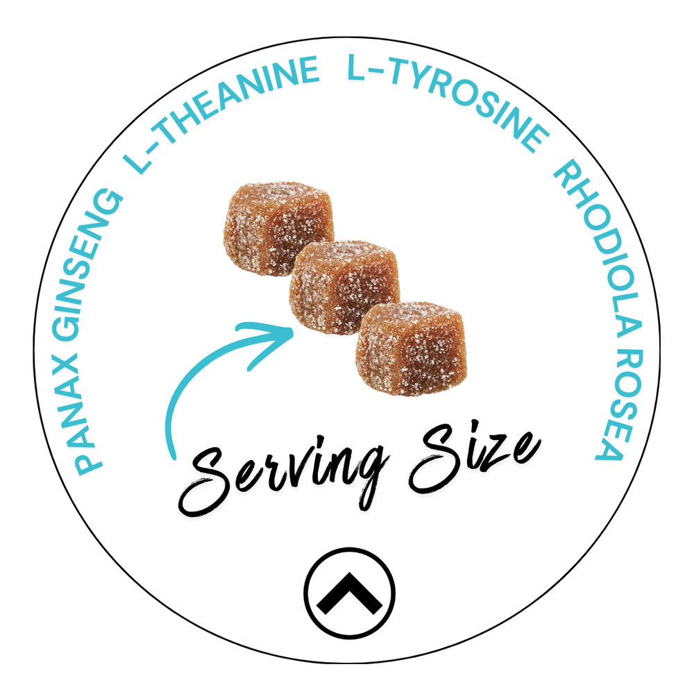 Higher Standard Get Sh*t Done serving size graphic with L-theanine, L-tyrosine, Panax ginseng, and rhodiola rosea brain supplement gummies for focus.
